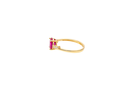14KT Gold Ring Women's Red Oval Center CZ Stone with 3 High/Low Round White CZ Stones Shoulders and Plain Band