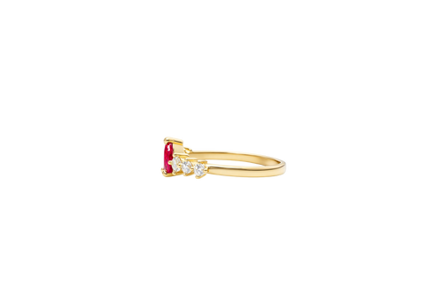 14KT Gold Ring Women's Red Pear CZ Center 3 Round White CZ Stones Shoulders Plain Band