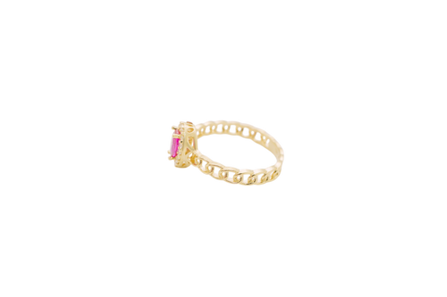 14KT Gold Ring Women's Pear Red Center Stone with White CZ Stone Border Chino Band