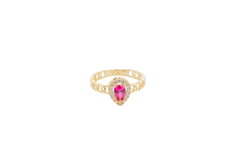 14KT Gold Ring Women's Pear Red Center Stone with White CZ Stone Border Chino Band