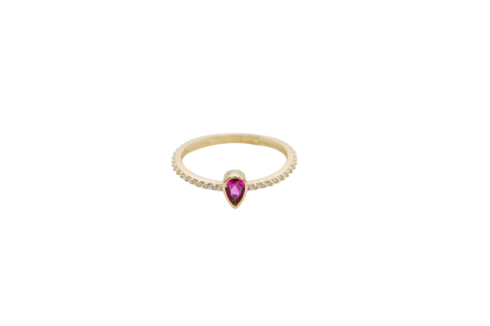 14KT Gold Ring Women's Red Pear Tear Drop Center CZ Stone with Round White CZ Stones Band