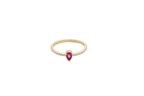 14KT Gold Ring Women's Red Pear Tear Drop Center CZ Stone with Round White CZ Stones Band