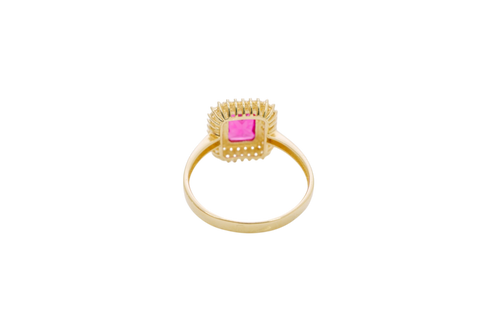 14KT Gold Ring Women's Red Rectangle Center CZ Stone with Double Round White CZ Stones Border and Plain Band