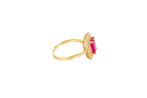 14KT Gold Ring Women's Red Rectangle Center CZ Stone with Double Round White CZ Stones Border and Plain Band