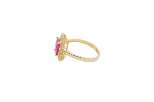 14KT Gold Ring Women's Red Rectangle Center CZ Stone with Double Round White CZ Stones Border and Plain Band