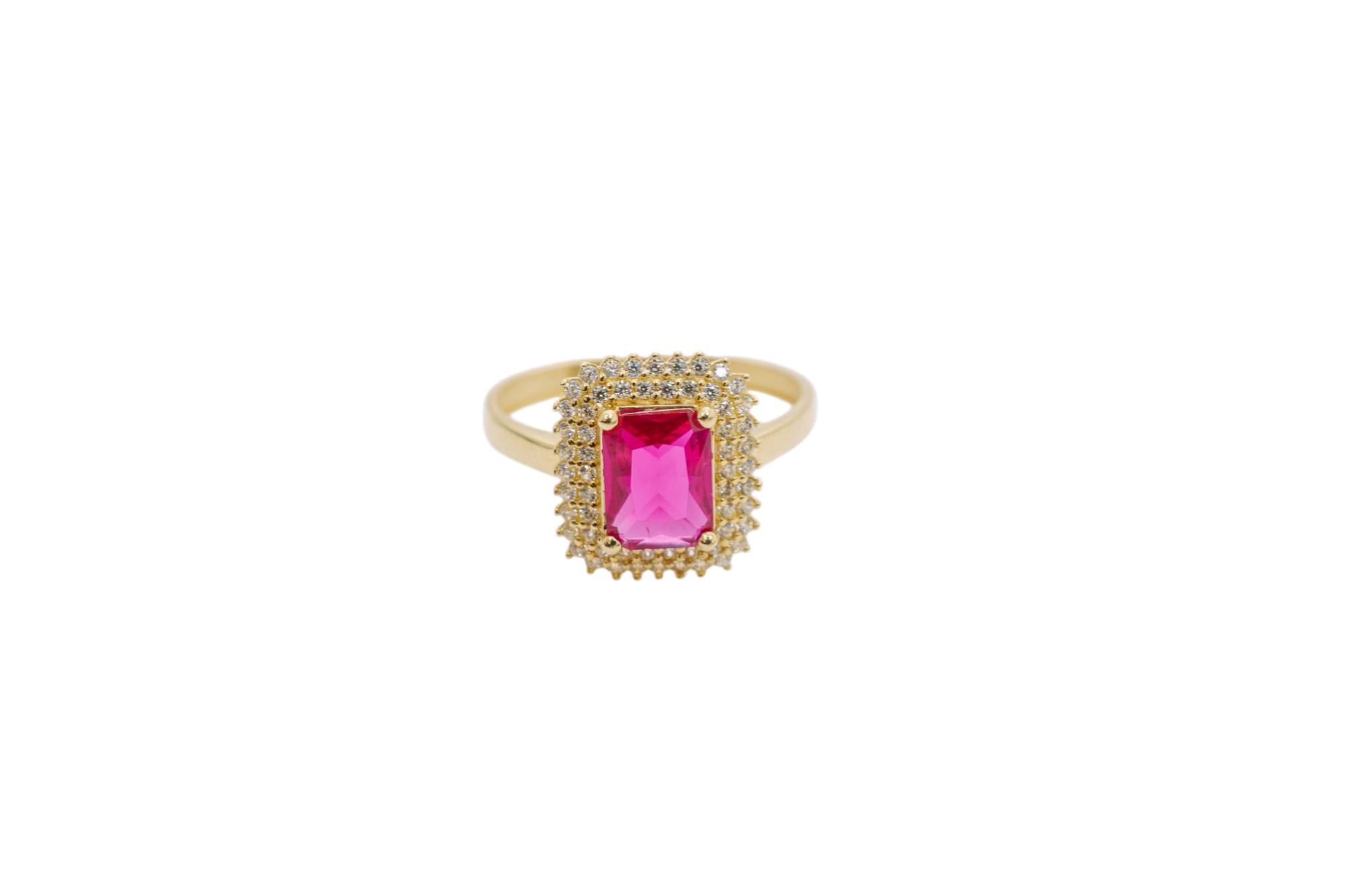 14KT Gold Ring Women's Red Rectangle Center CZ Stone with Double Round White CZ Stones Border and Plain Band