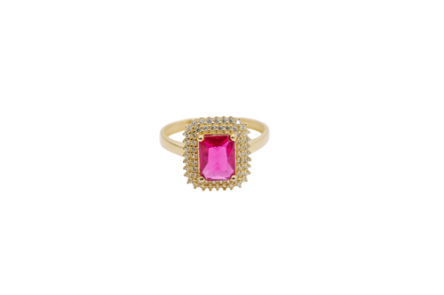 14KT Gold Ring Women's Red Rectangle Center CZ Stone with Double Round White CZ Stones Border and Plain Band