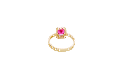 14KT Gold Ring Women's Rectangle Red Center Stone with White CZ Stone Border Chino Band