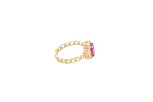 14KT Gold Ring Women's Rectangle Red Center Stone with White CZ Stone Border Chino Band