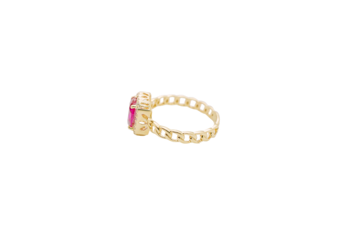 14KT Gold Ring Women's Rectangle Red Center Stone with White CZ Stone Border Chino Band