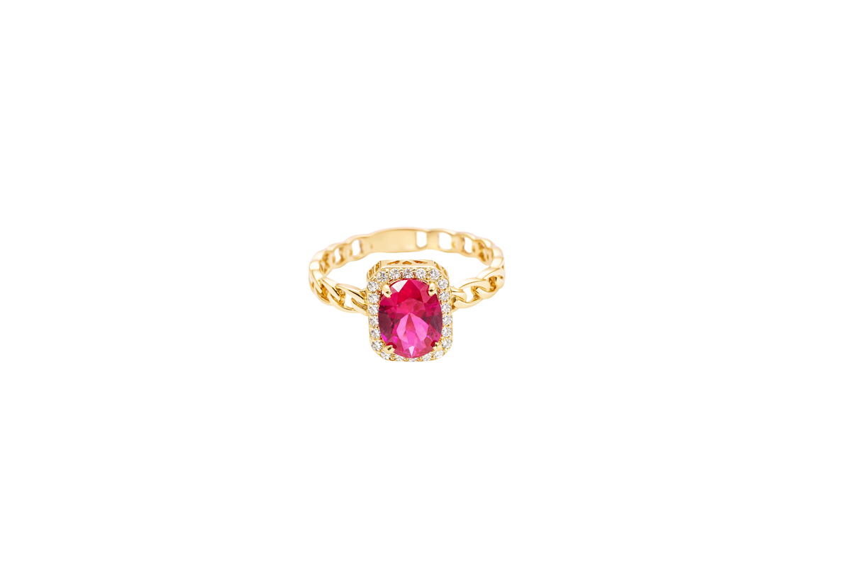 14KT Gold Ring Women's Rectangle Red Center Stone with White CZ Stone Border Chino Band