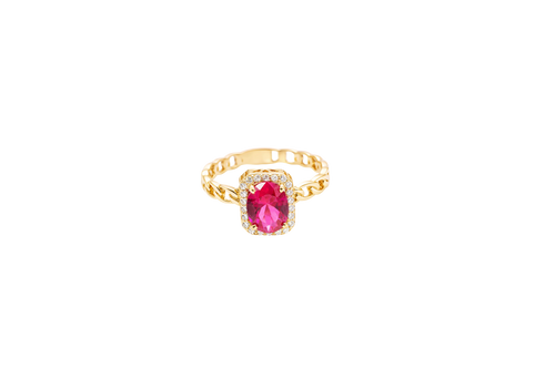 14KT Gold Ring Women's Rectangle Red Center Stone with White CZ Stone Border Chino Band