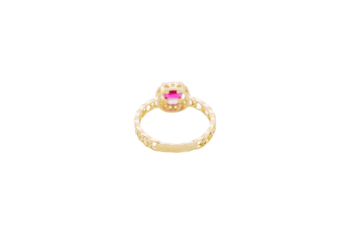 14KT Gold Women's Ring Round Red Center Stone with White CZ Stone Border Chino Band