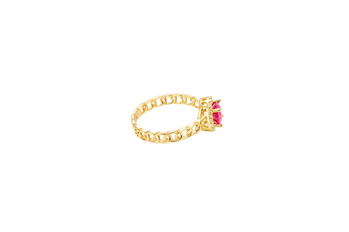 14KT Gold Women's Ring Round Red Center Stone with White CZ Stone Border Chino Band