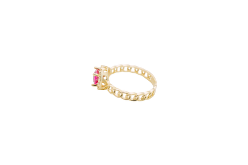 14KT Gold Women's Ring Round Red Center Stone with White CZ Stone Border Chino Band