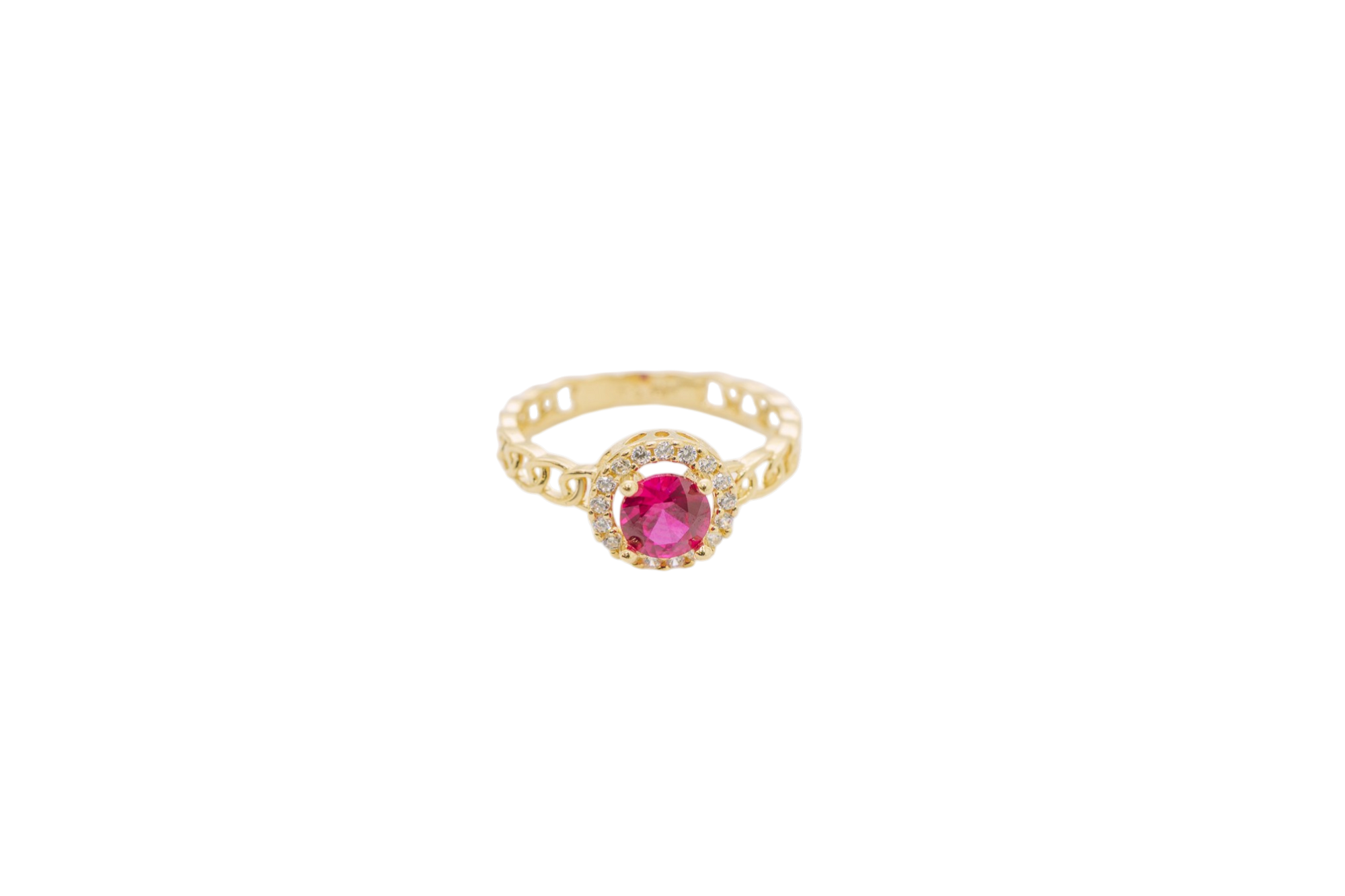 14KT Gold Women's Ring Round Red Center Stone with White CZ Stone Border Chino Band