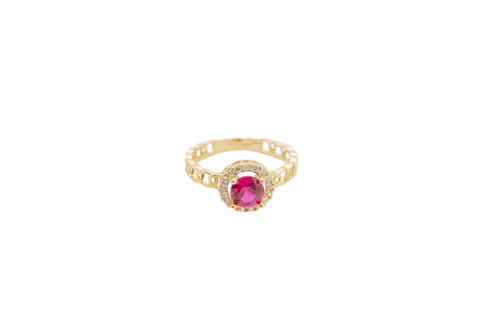 14KT Gold Women's Ring Round Red Center Stone with White CZ Stone Border Chino Band