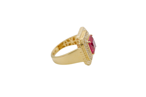14KT Gold Ring Women's Red Square Center CZ Stone Double Platform Border of Round White CZ Stones Mock Link Border Plain Band