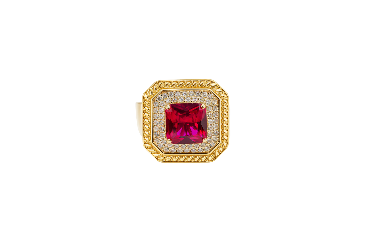 14KT Gold Ring Women's Red Square Center CZ Stone Double Platform Border of Round White CZ Stones Mock Link Border Plain Band