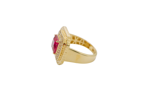 14KT Gold Ring Women's Red Square Center CZ Stone Double Platform Border of Round White CZ Stones Mock Link Border Plain Band