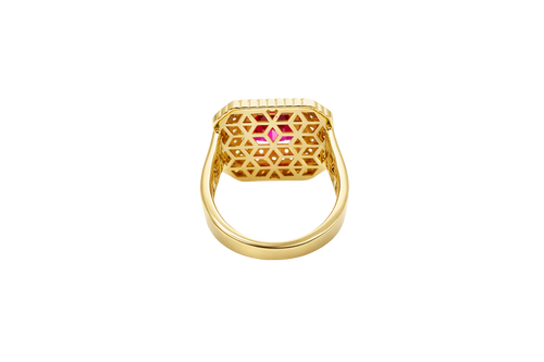 14KT Gold Ring Women's Red Square Center CZ Stone Double Platform Border of Round White CZ Stones Mock Link Border Plain Band