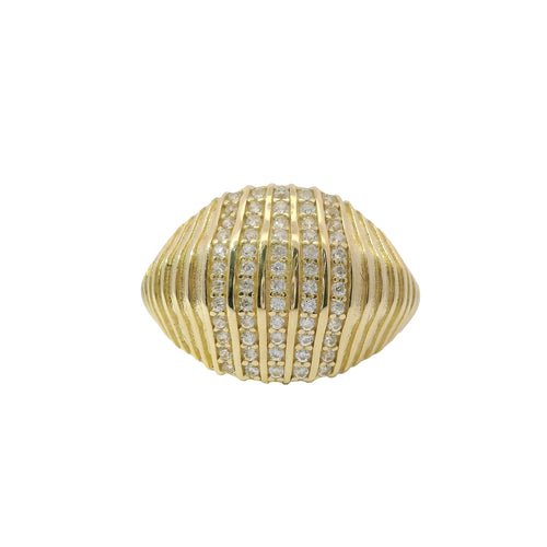 14KT Gold Ring Women's Ribbed Wide Seashell Band with Five Vertical White CZ Stone Rows