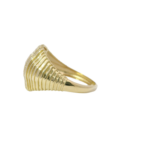 14KT Gold Ring Women's Ribbed Wide Seashell Band with Five Vertical White CZ Stone Rows