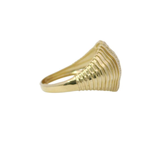 14KT Gold Ring Women's Ribbed Wide Seashell Band with Five Vertical White CZ Stone Rows