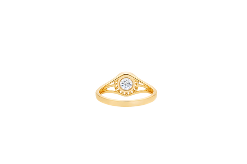 14KT Gold Ring Women's Mini Round White Center CZ Stone with Round White CZ Stones Border and Mini Plain Double Split Band