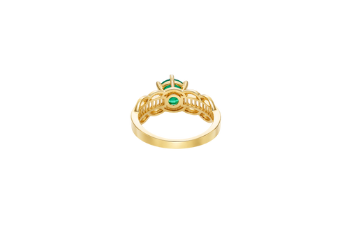 14KT Gold Ring Women's Round Dark Green 6 Prong Center CZ Scallop Border Baguette Band