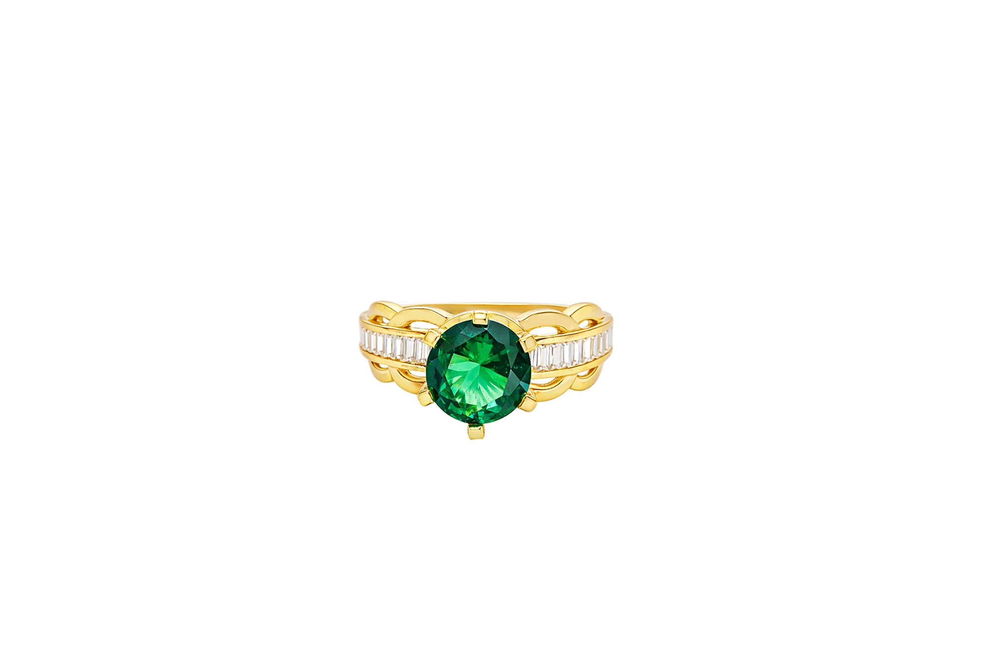 14KT Gold Ring Women's Round Dark Green 6 Prong Center CZ Scallop Border Baguette Band