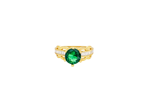 14KT Gold Ring Women's Round Dark Green 6 Prong Center CZ Scallop Border Baguette Band