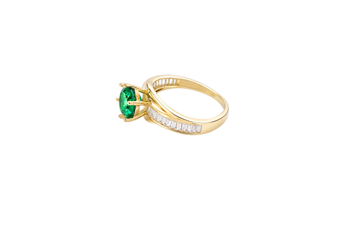 14KT Gold Ring Women's Round Dark Green CZ Center Stone and Single Row White CZ Baguettes with "S" Band
