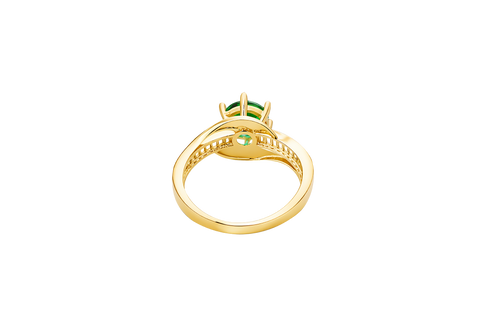 14KT Gold Ring Women's Round Dark Green CZ Center Stone and Single Row White CZ Baguettes with "S" Band