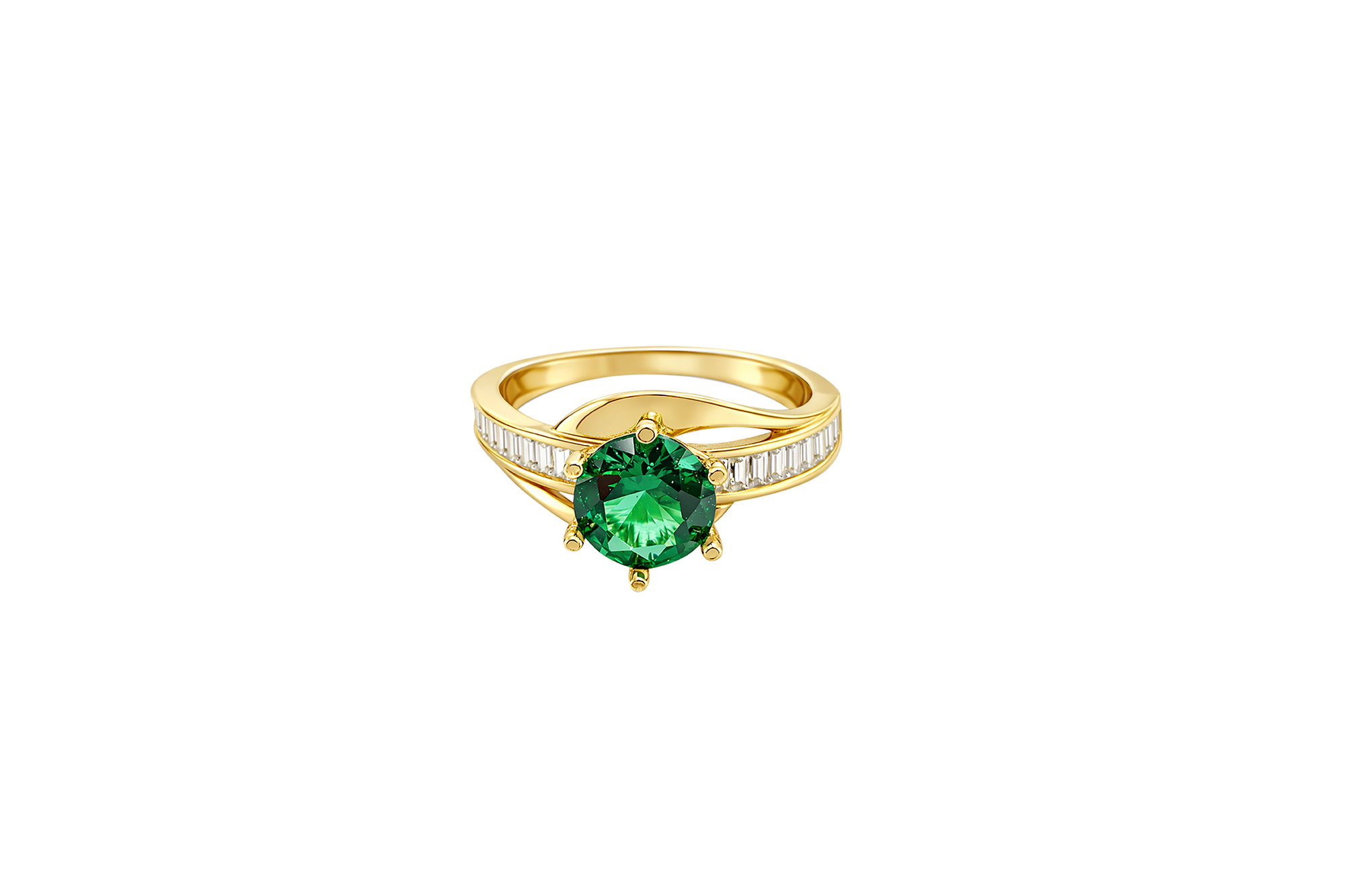 14KT Gold Ring Women's Round Dark Green CZ Center Stone and Single Row White CZ Baguettes with "S" Band