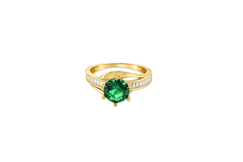 14KT Gold Ring Women's Round Dark Green CZ Center Stone and Single Row White CZ Baguettes with "S" Band