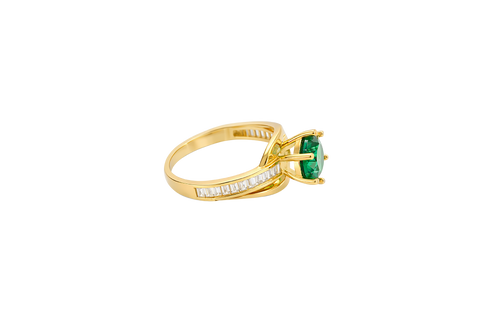 14KT Gold Ring Women's Round Dark Green CZ Center Stone and Single Row White CZ Baguettes with "S" Band