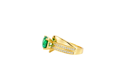 14KT Gold Ring Women's Round Dark Green CZ Center Stone Double White CZ Stone Band with Plain "S" Ribbon