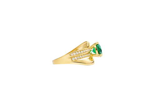 14KT Gold Ring Women's Round Dark Green CZ Center Stone Double White CZ Stone Band with Plain "S" Ribbon