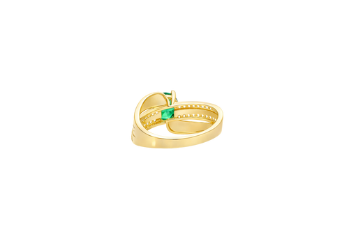 14KT Gold Ring Women's Round Dark Green CZ Center Stone Double White CZ Stone Band with Plain "S" Ribbon