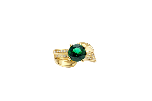 14KT Gold Ring Women's Round Dark Green CZ Center Stone Double White CZ Stone Band with Plain "S" Ribbon