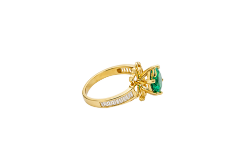 14KT Gold Ring Women's Round Dark Green CZ Center Stone Open Flower Heart Petals with White CZ Baguette Stone Band