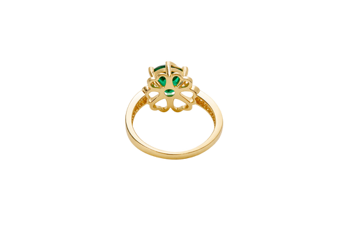 14KT Gold Ring Women's Round Dark Green CZ Center Stone Open Flower Heart Petals with White CZ Baguette Stone Band