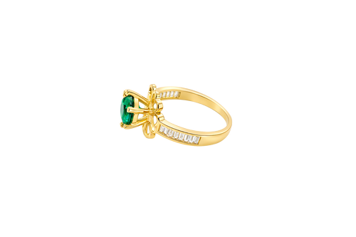 14KT Gold Ring Women's Round Dark Green CZ Center Stone Open Flower Heart Petals with White CZ Baguette Stone Band