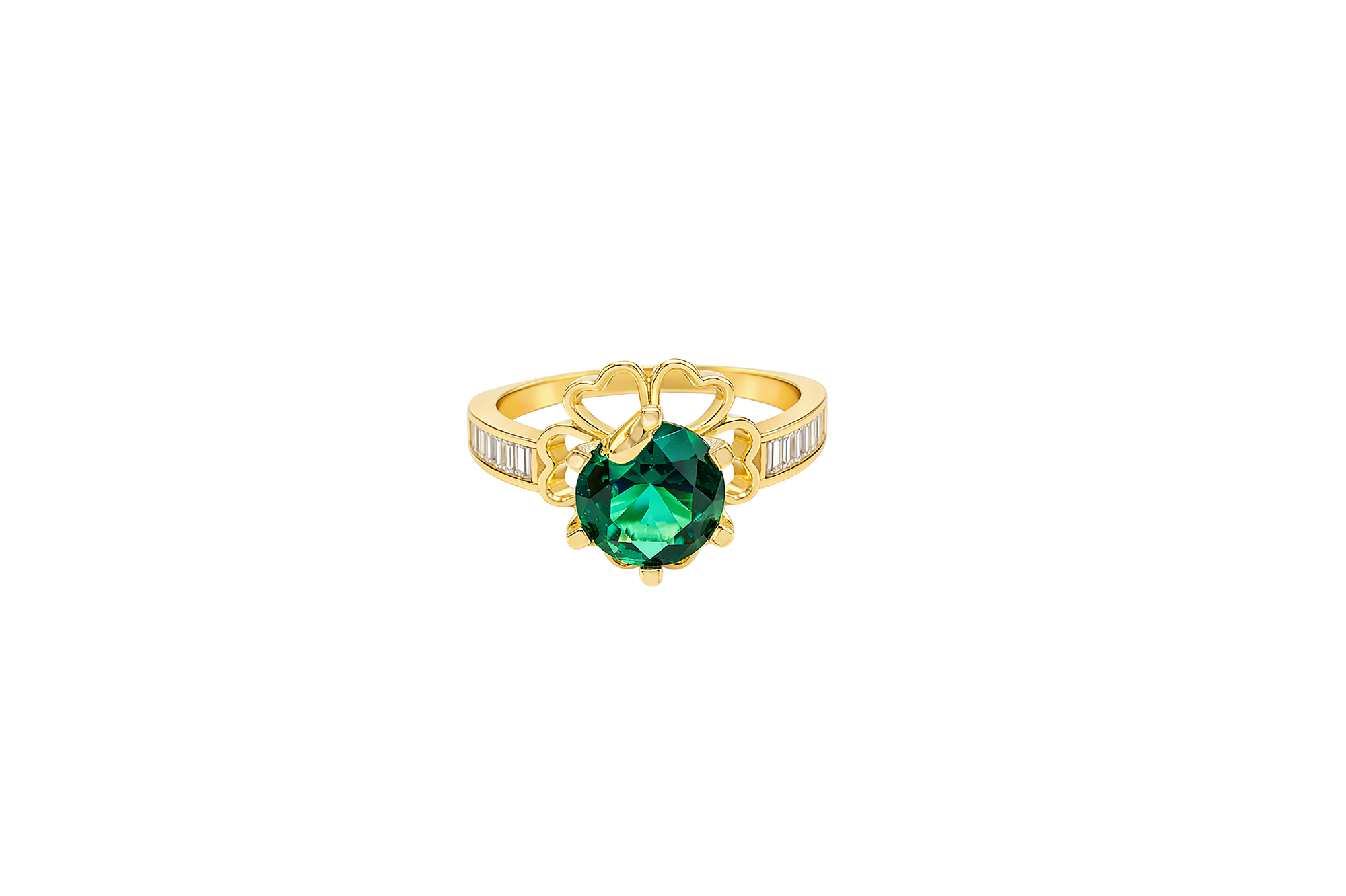 14KT Gold Ring Women's Round Dark Green CZ Center Stone Open Flower Heart Petals with White CZ Baguette Stone Band