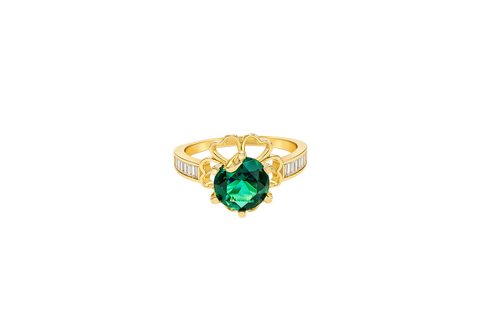 14KT Gold Ring Women's Round Dark Green CZ Center Stone Open Flower Heart Petals with White CZ Baguette Stone Band