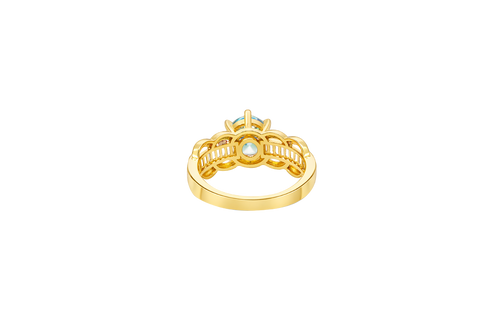 14KT Gold Ring Women's Round Light Blue 6 Prong Center CZ Scallop Border Baguette Band