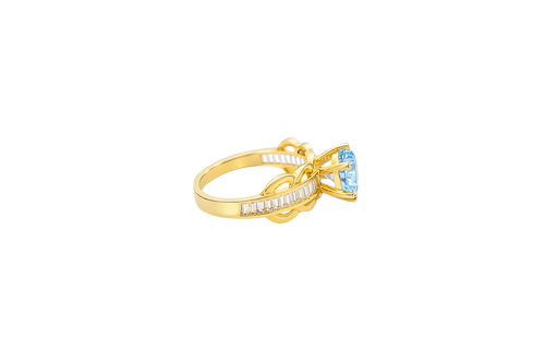 14KT Gold Ring Women's Round Light Blue 6 Prong Center CZ Scallop Border Baguette Band