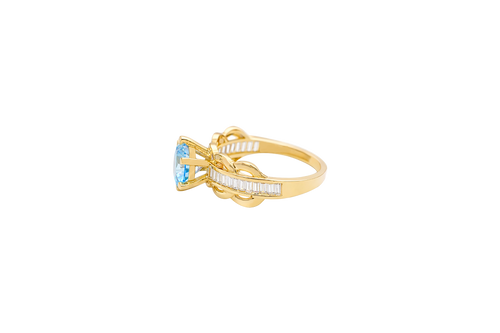 14KT Gold Ring Women's Round Light Blue 6 Prong Center CZ Scallop Border Baguette Band