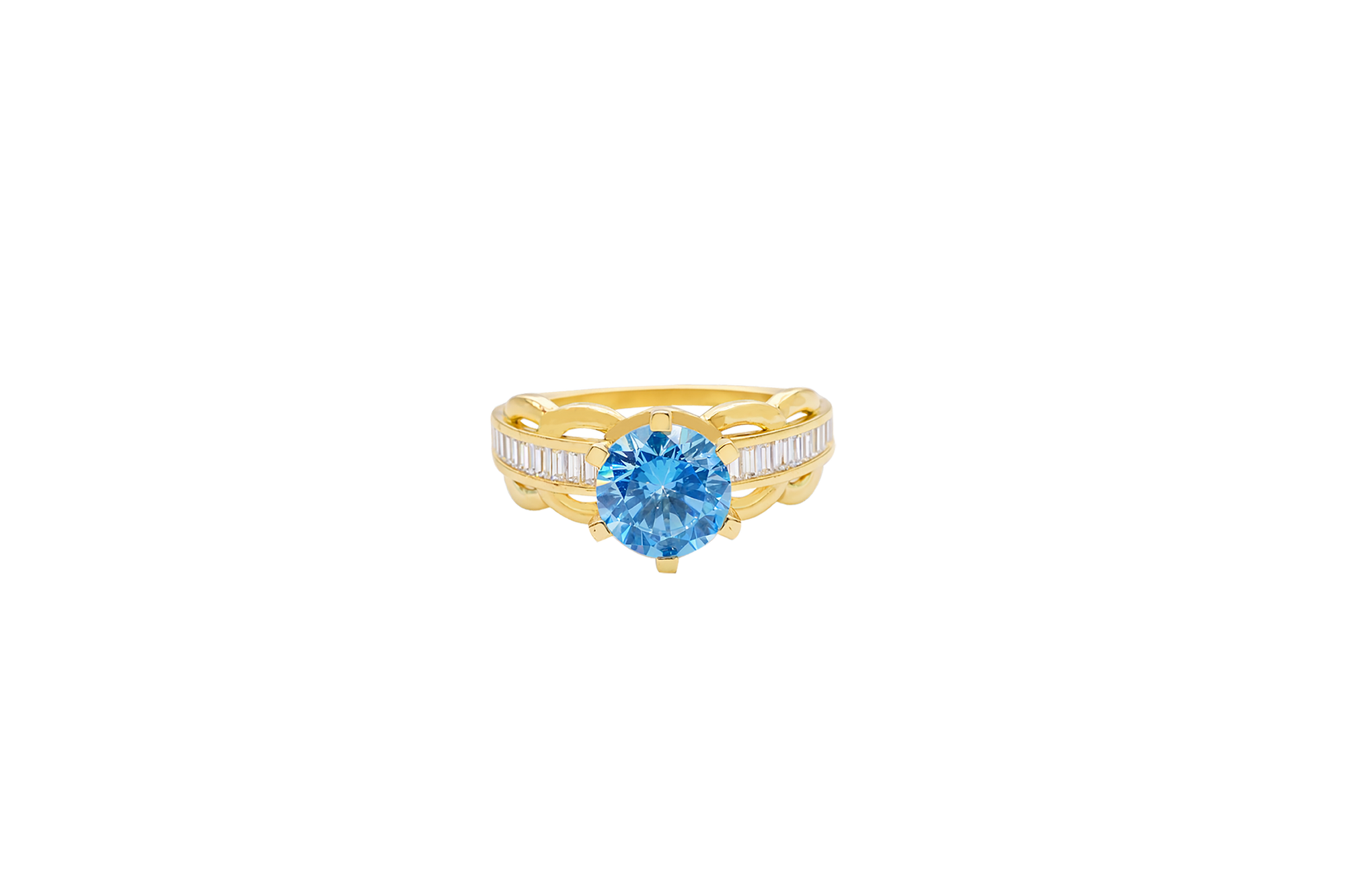 14KT Gold Ring Women's Round Light Blue 6 Prong Center CZ Scallop Border Baguette Band